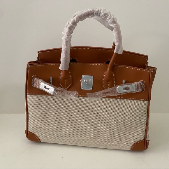 Canvas Leather Toile 30 Structured Bag w/ Lock Key Doctor's Satchel Crossbody C4 - Picture 15 of 15